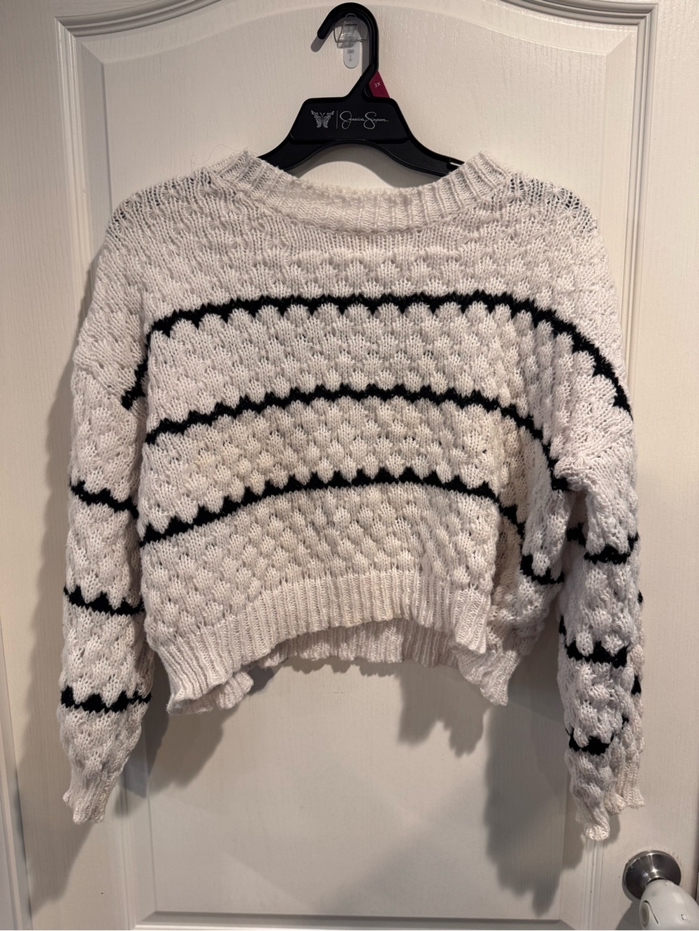 SHEIN Cream and Black Cropped Textured Stripe Sweater